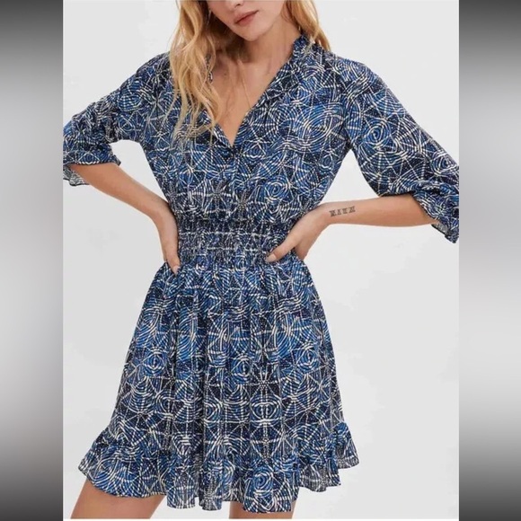 Maje Dresses & Skirts - Maje 100% Viscose in Smocking Indigo Patterned With Long Sleeve Dress